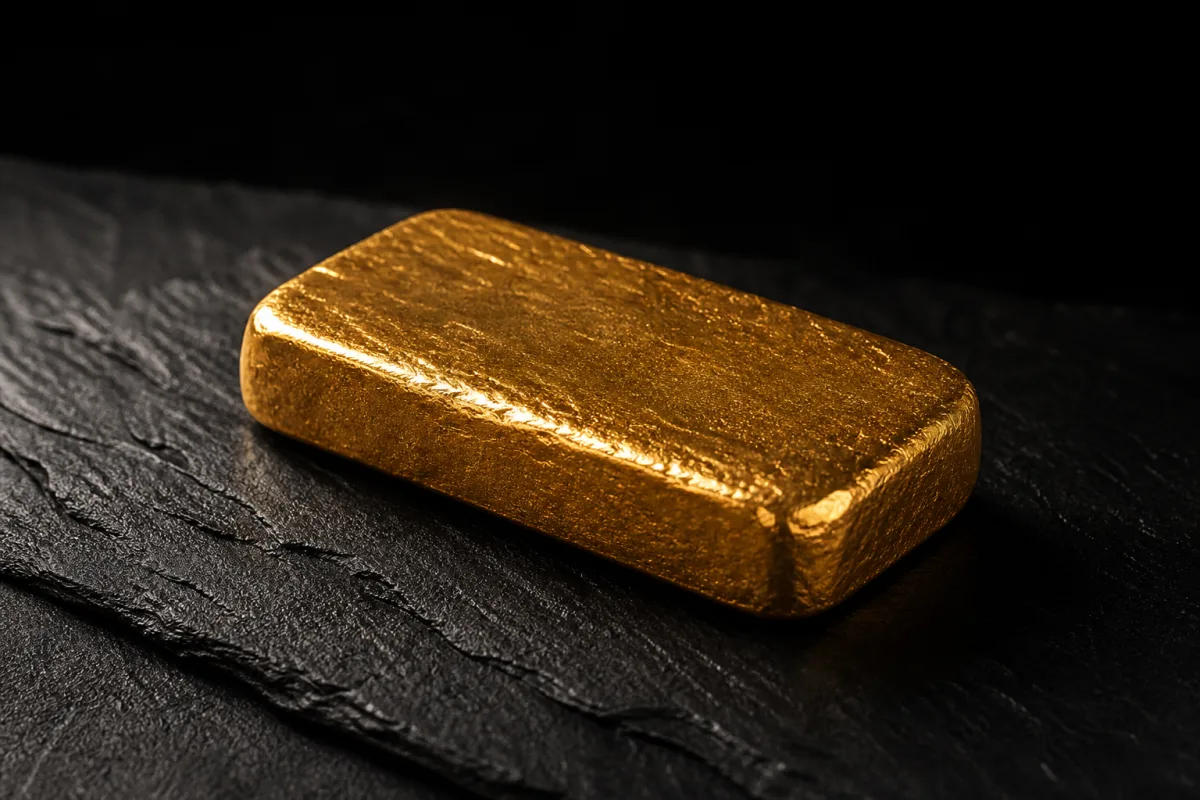 A cast fine gold bar on black slate under raking light